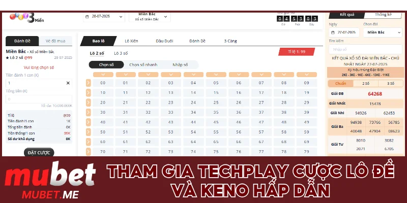 Tham gia Techplay cược lô đề và Keno hấp dẫn